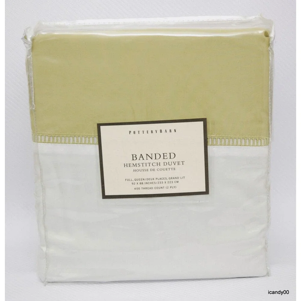 Pottery Barn Banded Hemstitch Duvet 400 Thread White/Green QUEEN/FULL Nip $179